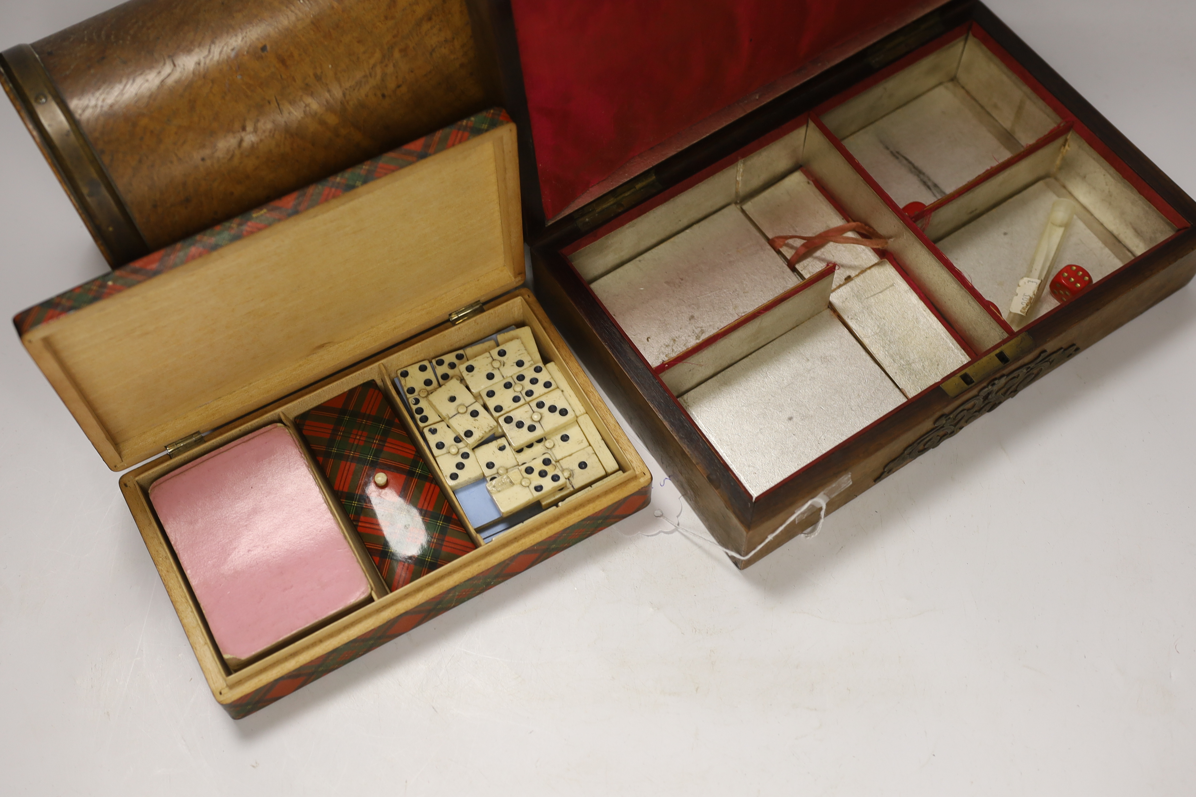 A Tartanware games case, a burr walnut compendium, a dome topped stationery box and two quill boxes, largest 22cm wide x 17cm high